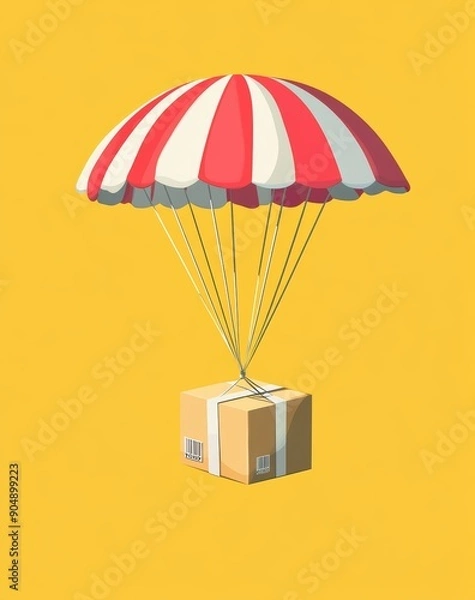 Fototapeta A isometric package being lowered down in the style of parachute, simple vector style, bright yellow background, red and white striped parachute, cardboard box with label on it, cartoonish style,