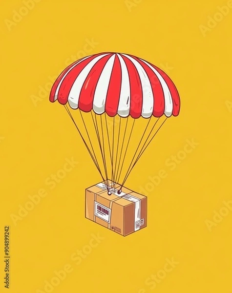 Fototapeta A isometric package being lowered down in the style of parachute, simple vector style, bright yellow background, red and white striped parachute, cardboard box with label on it, cartoonish style,