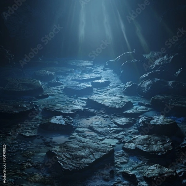 Fototapeta Blue spotlight on wet rock floor with stones in dark background with little sunlight