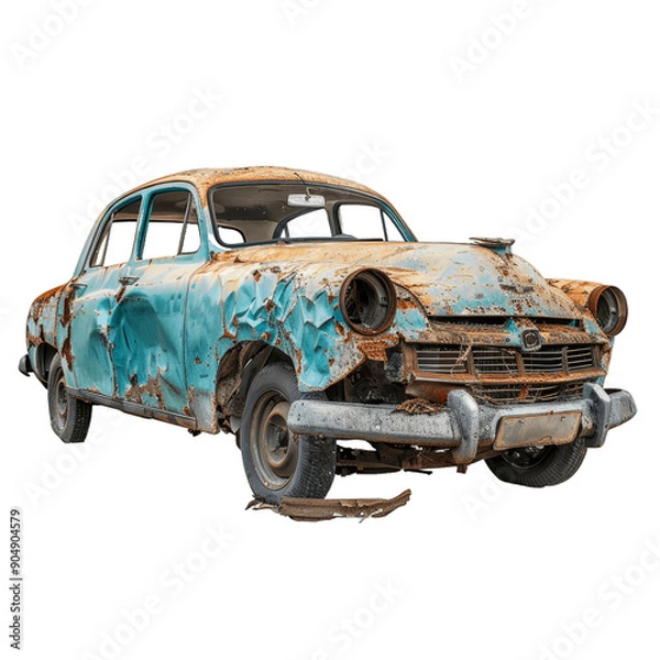 Fototapeta Rusty old car, abandoned and decaying, showing the effects of time and neglect