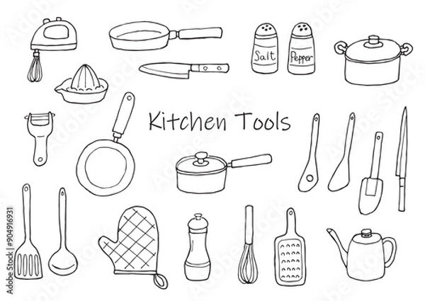 Obraz キッチンツールのイラストセット（手描き）モノクロ
