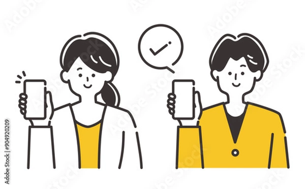 Obraz キャッシュレス、オンライン決済説明などに使える スマートフォンを持つ若い男性女性のイラスト素材