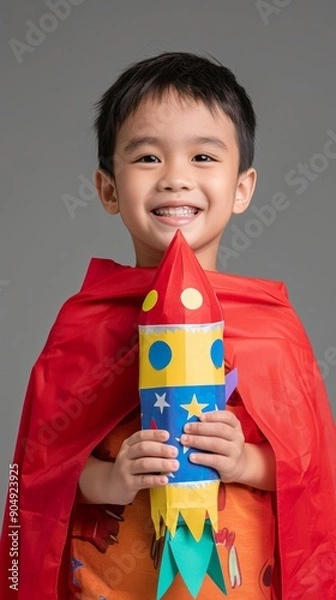 Obraz A young boy dressed in a red cape holds a cardboard rocket. AI.