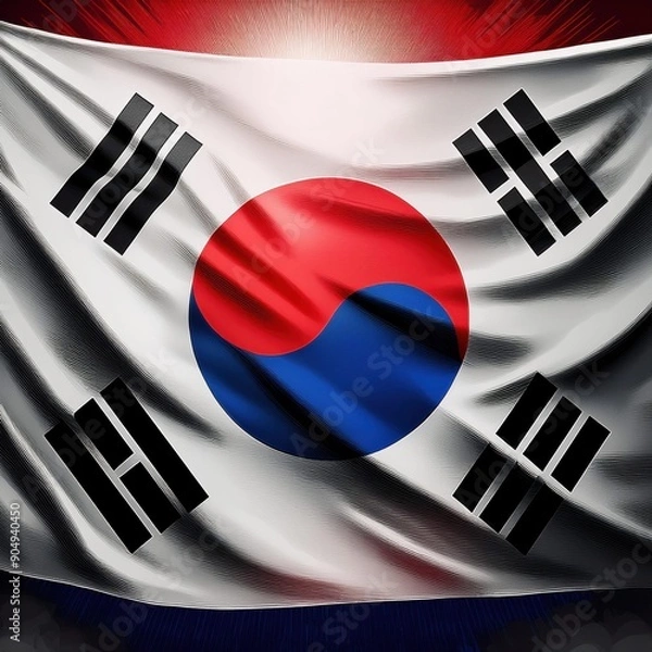 Fototapeta A close-up, dynamic view of the South Korean flag 