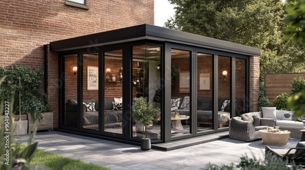 Obraz Contemporary sunroom or conservatory in the garden with a paved patio