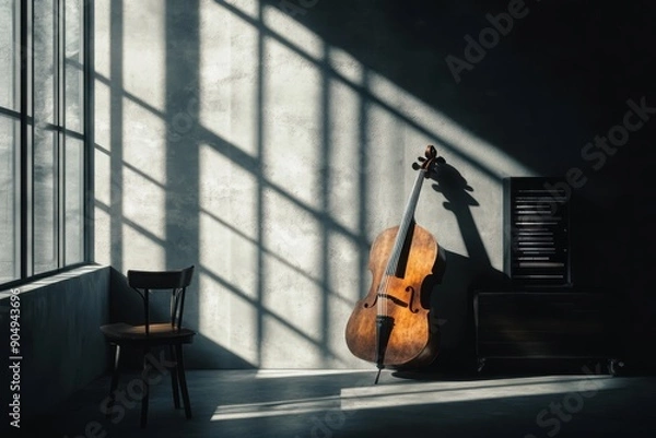 Fototapeta A cello is sitting in a room with a chair and a window