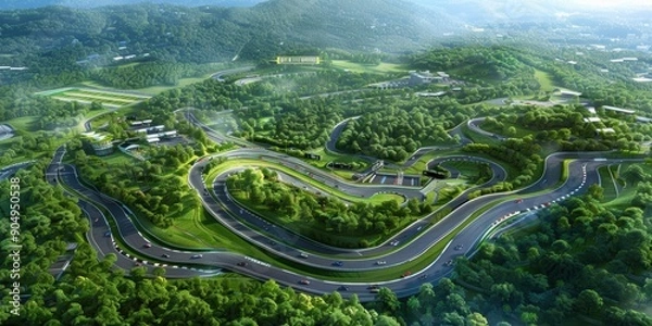 Fototapeta Aerial View of a Winding Race Track Surrounded by Lush Greenery