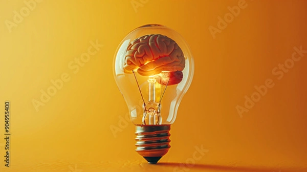 Fototapeta Lightbulb with brain inside symbolizing creativity and innovative thinking, isolated on yellow background