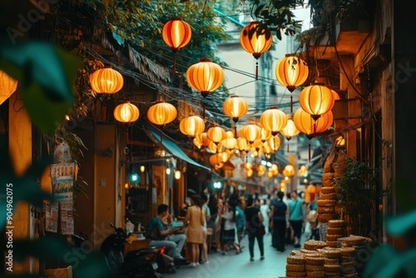 Fototapeta Vibrant Lantern-Lit Street Market at Dusk Surrounded by Traditional Architecture in Hanoi