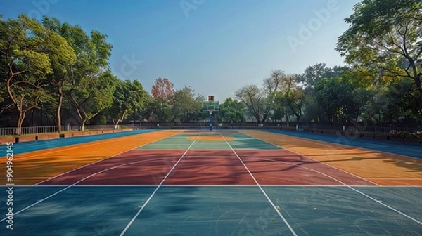 Fototapeta Outdoor basketball court with neatly painted lines and a clear sky
