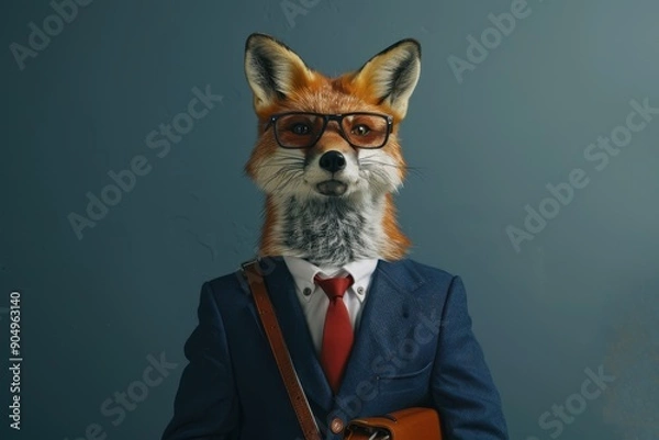 Fototapeta Sophisticated Fox: A fox dressed in a tailored navy blue suit with a red tie, holding a leather briefcase and wearing glasses.