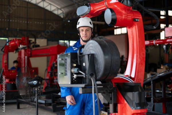Fototapeta a young male caucasian technician in safety uniform checking and  maintenance welding robot machine in robot factory