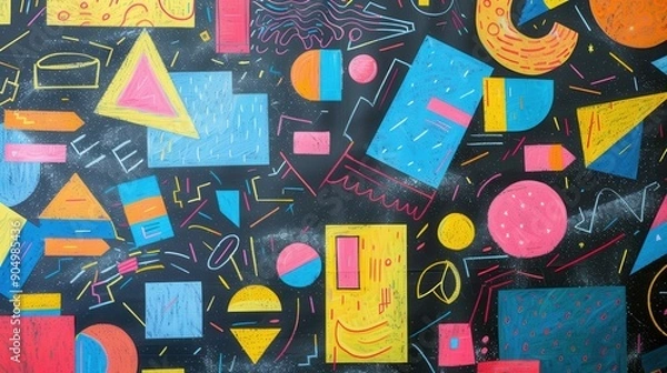 Fototapeta A blackboard displays vibrant geometric shapes and patterns, showcasing creativity in a classroom filled with artistic learning and exploration. Generative AI
