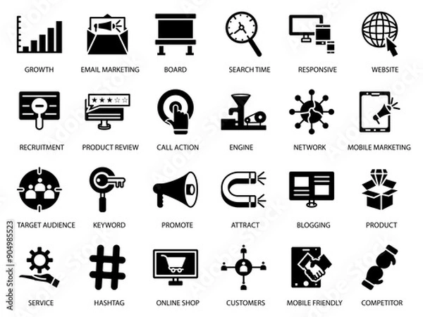 Fototapeta 24 DIGITAL MARKETING ICON DESIGN SET ART LINE FILL BLACK COLOR