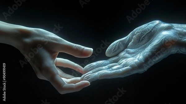 Fototapeta Human Hand Reaching Out to Mechanical Hand in Ethereal Setting During Twilight Hours