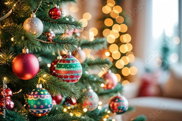 Obraz Christmas tree adorned with colorful ornaments and twinkling lights, set against the backdrop of a cozy room with a window allowing natural light to enter.