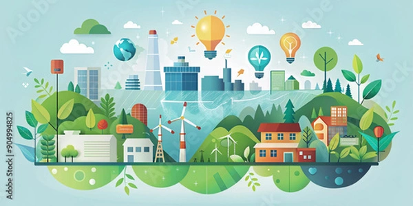 Fototapeta n illustrated banner representing ecological concepts and environmental sustainability, featuring elements like wind turbines, solar panels, trees, and the Earth