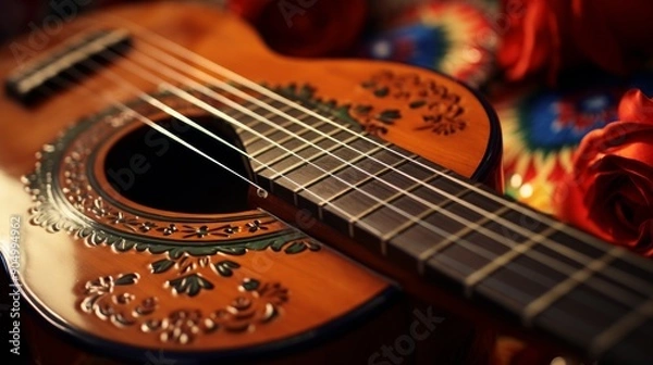 Fototapeta Traditional wooden mexican guitar with beautiful ornament. Neural network ai generated art