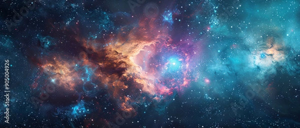 Fototapeta A vibrant galaxy with swirling nebulae and distant stars in a vivid blue gradient equirectangular panorama style, creating depth and space between celestial bodies.