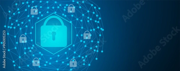Fototapeta Cyber security background. Pad lock digital technology connecting abstract circuit board. Blue tech vector illustration