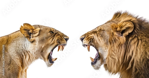 Fototapeta A male lion and a female lion roaring at each other against an all-white backdrop, showing the side view of their heads facing the camera with angry expressions and sharp teeth visible.