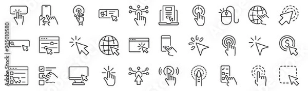 Fototapeta Set of 30 outline icons related to click, cursor. Linear icon collection. Editable stroke. Vector illustration