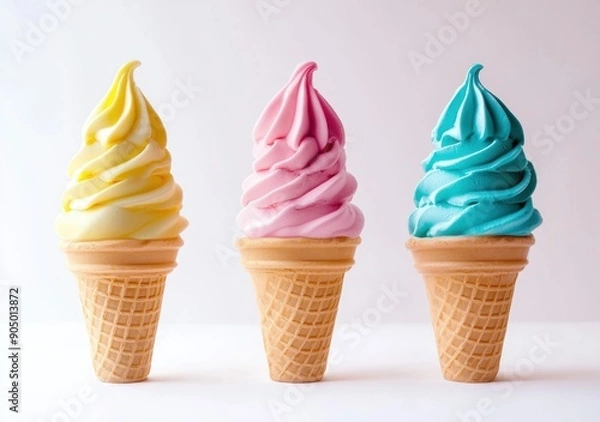 Fototapeta Three delicious ice cream cones in vanilla, chocolate, and mint flavors isolated on a white background. Generative ai