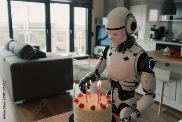 Fototapeta Humanoid robot is celebrating a birthday, 2 candles are on the cake,.