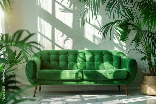 Fototapeta there is a green sofa in the room, and next to it are green palm leaves