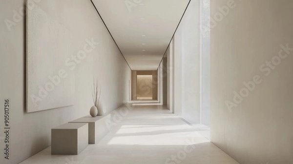 Fototapeta A minimalist hallway with a single piece of art and clean, uncluttered lines.