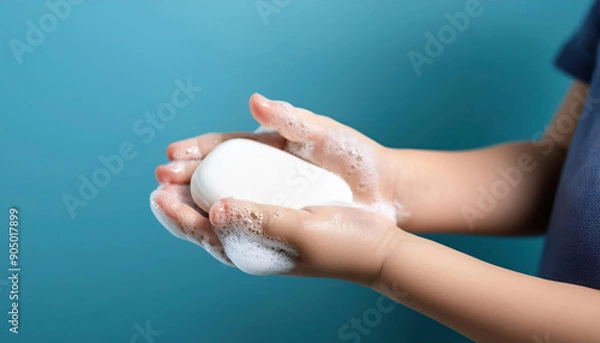 Fototapeta Close up Side view of young preschool aged child washing hands with soap