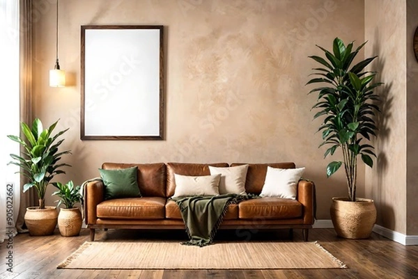 Fototapeta Brown leather sofa, picture frame, room design. View of modern scandinavian style interior with artwork mock up on wall.
