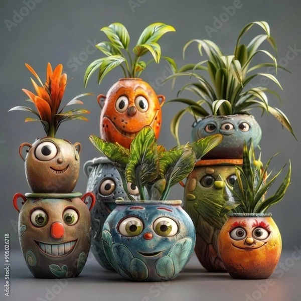 Fototapeta A whimsical and eclectic collection of hand-painted ceramic pots, each featuring a unique and expressive face