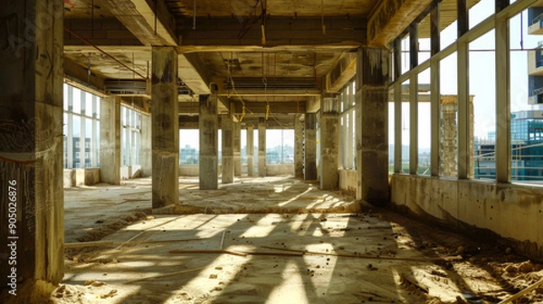 Obraz A large empty building with many windows and a lot of space. The building is in disrepair and is being demolished. Construction concept.