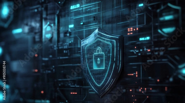 Obraz Digital shield protecting data with padlock on circuit board