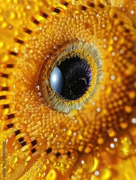 Obraz A macro shot of a yellow flower with water droplets adding shine and depth to the petals