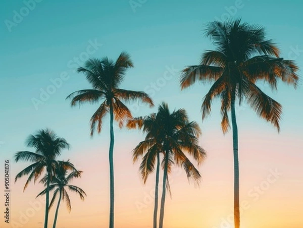 Fototapeta Coconut palms silhouetted against the orange sun setting over the ocean, a serene and peaceful scene