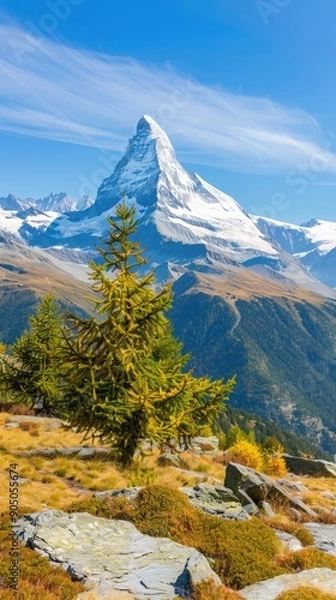 Fototapeta Stunning View of Matterhorn Mountain With Pine Trees in Switzerland