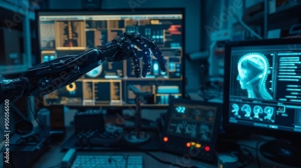 Fototapeta Robotic Hand in Futuristic AI Laboratory with Brain Analysis on Monitors