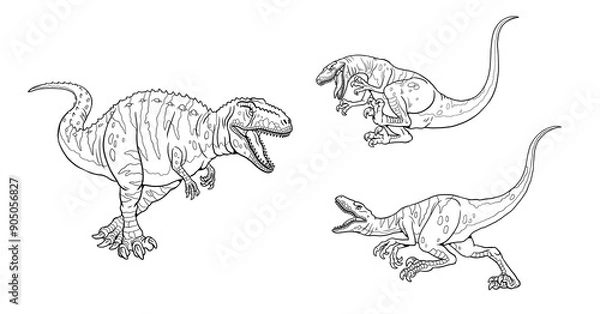Fototapeta Fight between two predatory dinosaurs - Velociraptor and Giganotosaurus. Dinosaur battle to color in. Drawing with prehistoric animals.