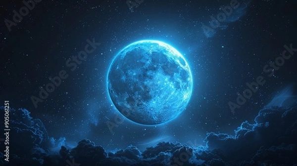 Fototapeta Glowing blue gradient sphere on black background, moon rise abstract grainy noise texture effect poster design, Generative AI 