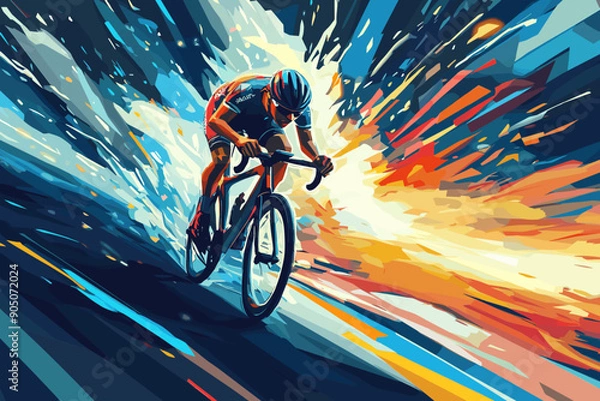 Obraz Professional bicyclist riding a bike cycling on abstract low poly color graphic background. Cycle sport low poly style cyclist poster, vector illustration