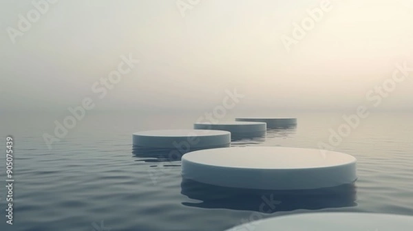 Fototapeta A path of stone steps leads towards a misty horizon, symbolizing progress and an uncertain future.