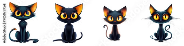 Fototapeta Four black cats with yellow eyes sit in a row