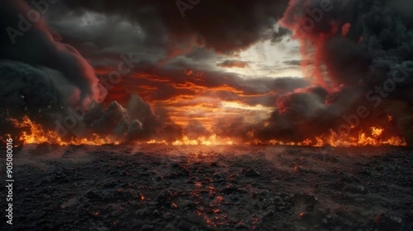 Fototapeta Expansive Battleworld view, chaotic battlefield,- smoke fire stormy sky