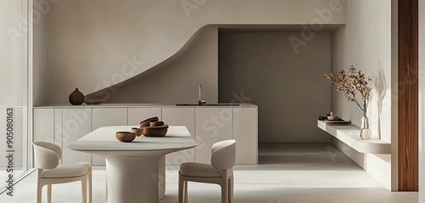 Obraz Open Space Kitchen with Statement Minimalist Furniture and Pan-tone Grey. wide view