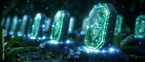 Fototapeta Futuristic digital gravestones glowing in a dark, eerie forest setting, representing advanced technology and artificial intelligence.