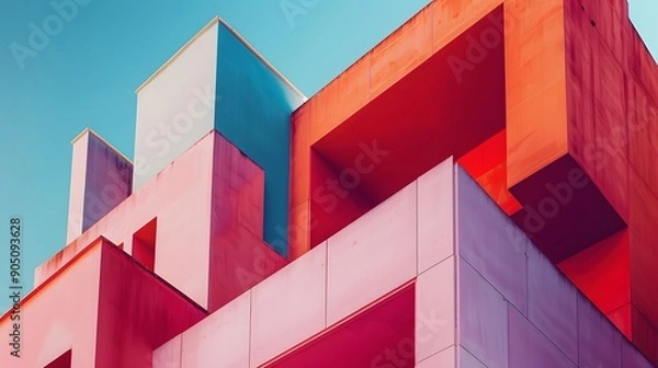 Fototapeta Vibrant Geometric Building: Abstract Background in Reds, Pinks, Oranges, and Blues, Joyful Composition