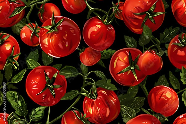 Fototapeta Tomatoes seamless pattern on a black background. Red ripe tomatoes with a green stem. Great for menus, labels, packaging.