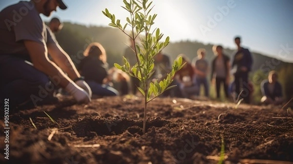 Fototapeta Sustainable education concept with students participating in a tree-planting activity,